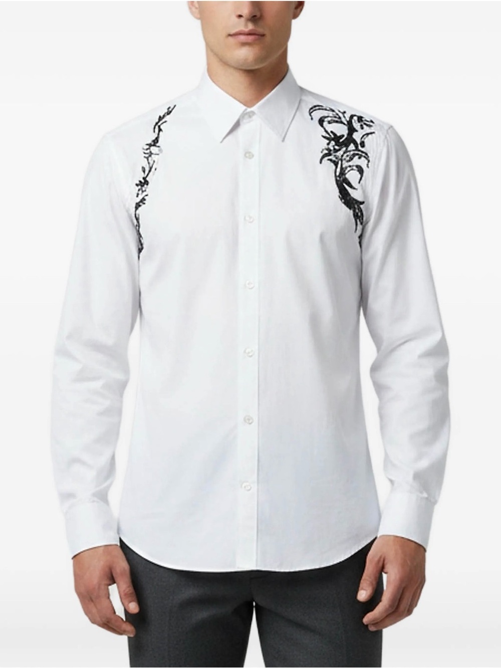 Alexander McQueen Harness White Dress Shirt with Black Shoulder Embroidery